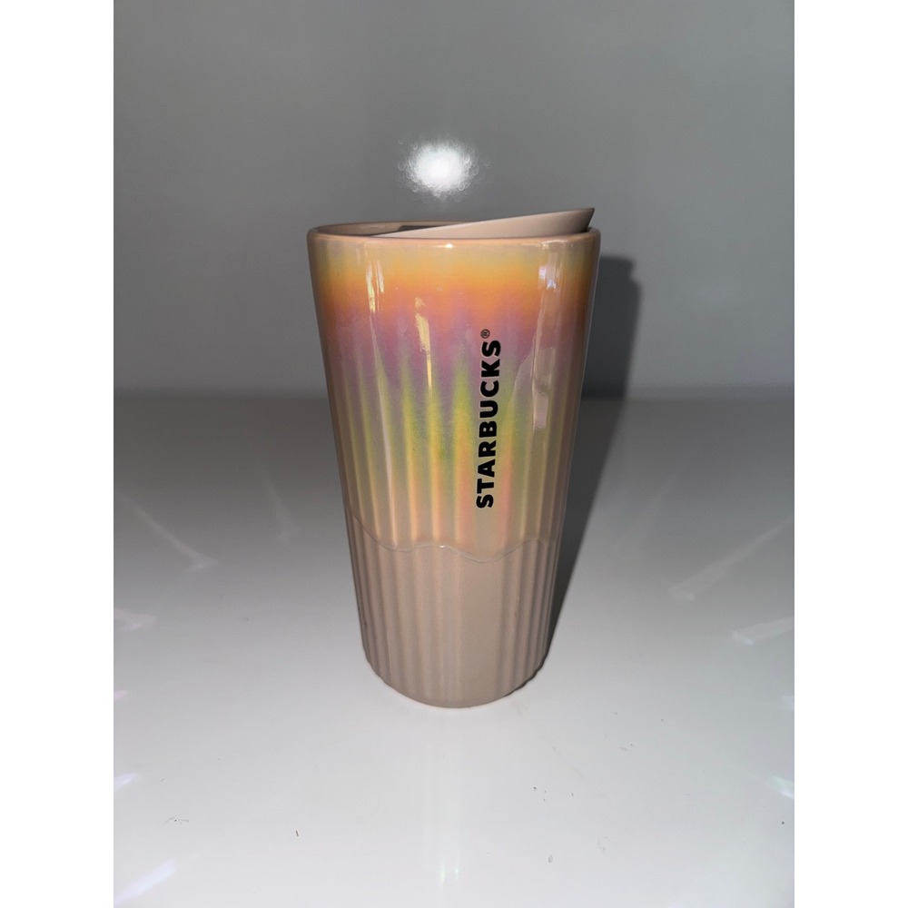 Starbucks Iridescent Pleated Ceramic Travel Tumbler Mug 12oz Rainbow Pearl Tan